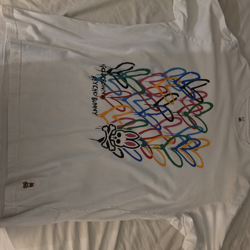 Psycho Bunny White Tee with Multicolor Graphic